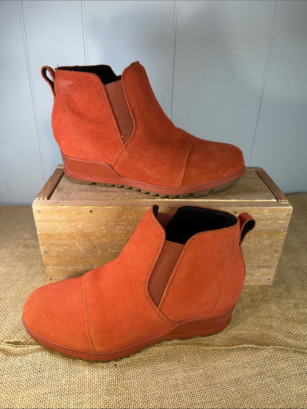 Sorel Orange Suede Chelsea Wedge Booties